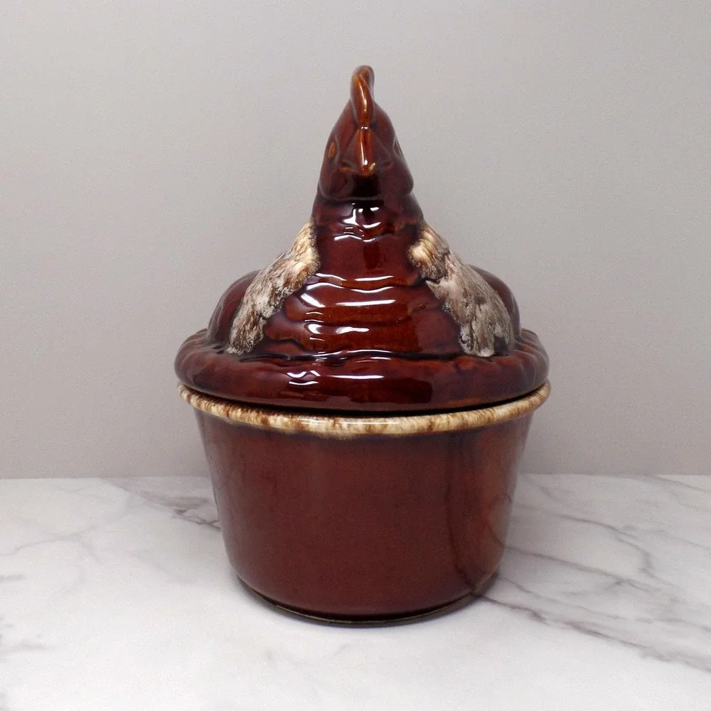 Vintage Hall Ceramic Hen on Nest Covered Dish, House 'n Garden Mirror Brown